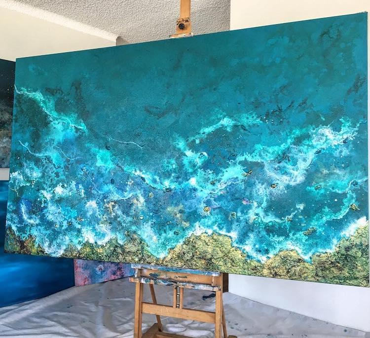 750x685 Paintings Of Waves By Vanessa Mae Capture Motion Of The Splashing Sea - Teal Painting