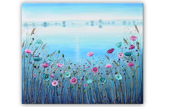 700x438 Teal Lake Blue Landscape And Pink Poppy Painting On Canvas Amanda Dagg - Teal Painting