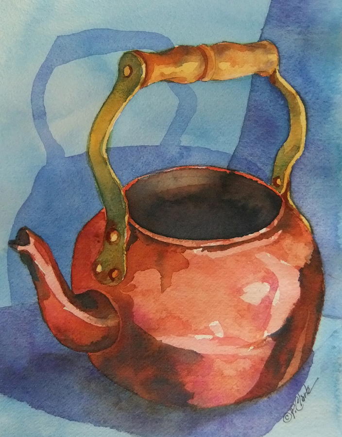 704x900 Copper Teapot On Blue Painting By Donna Pierce Clark - Teapot Painting