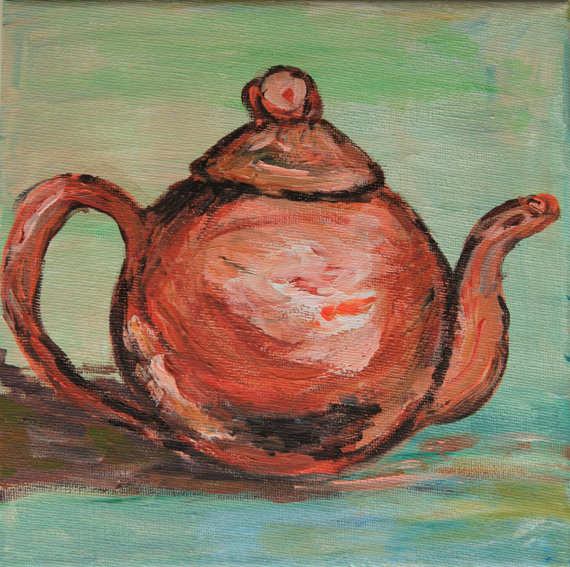 570x567 Pink Coral Teapot Print Small Kitchen Art, Greenery Teapot - Teapot Painting