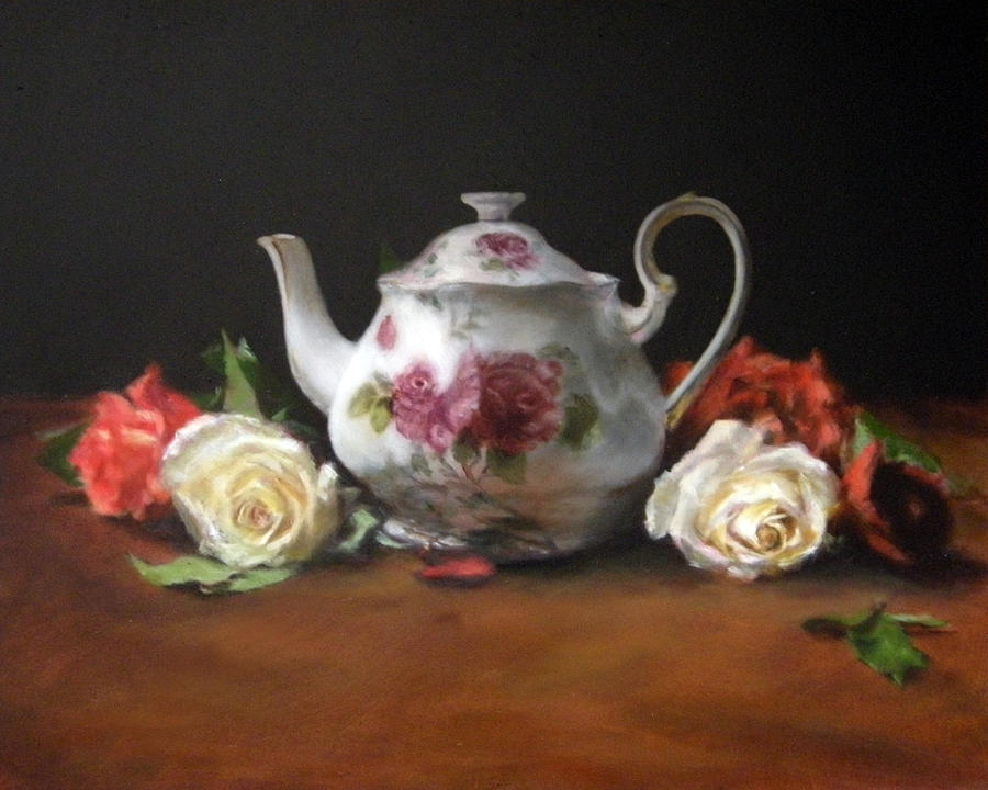 900x720 Teapot With Roses Painting By Jill Brabant - Teapot Painting