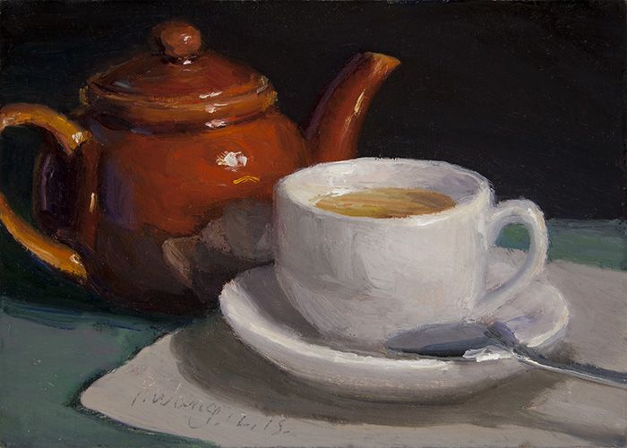 700x500 Wang Fine Art Tea And Teapot Original Still Life Oil Painting - Teapot Painting