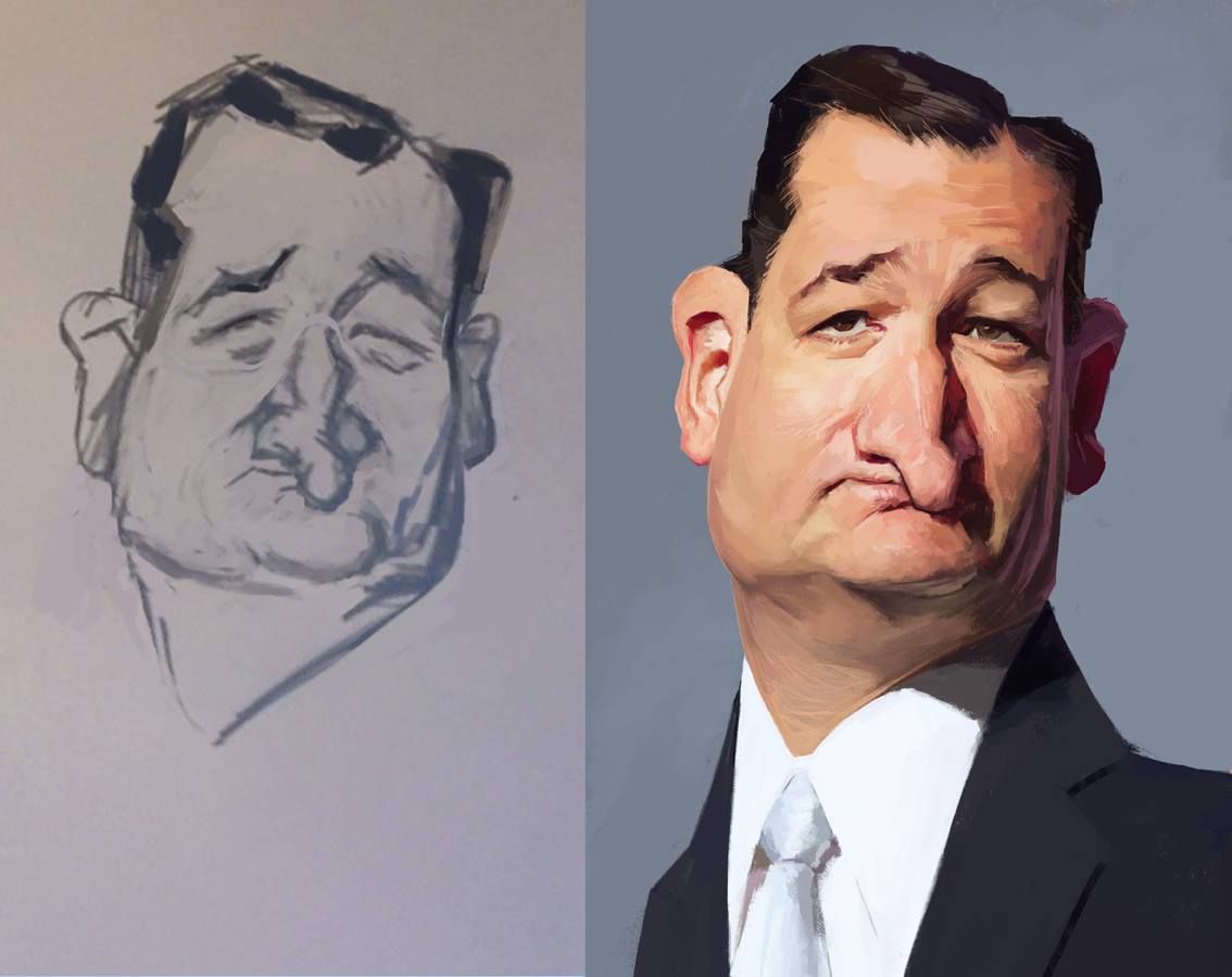 1134x900 Pencil Sketch And The Final Digital Painting Of Ted Cruz - Ted Cruz Painting