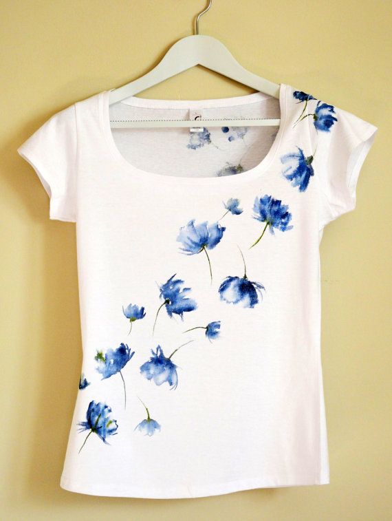 570x757 Blue Hand Painted Mygarden Flowers T Shirt. Christeesandtops - Tee Shirt Painting