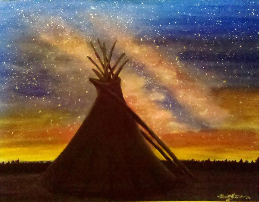900x703 Teepee Silhoutte Sunset Painting By Sherry Hunter - Teepee Painting