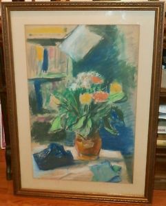 241x300 Vase Of Flowers Amp Telephone Pastel Painting 29' X 19 1950s - Telephone Painting