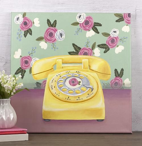 500x513 Vintage Telephone Painting With Floral Wallpaper - Telephone Painting