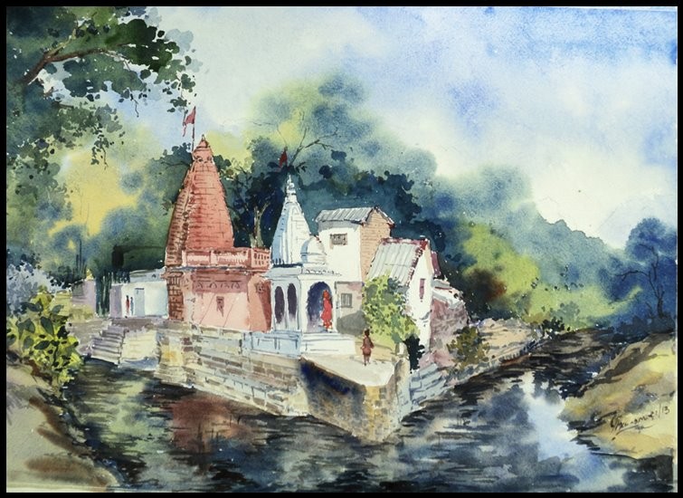 755x550 Hanuman Temple By Artist Ghanshyam Dongarwar Landscape Art - Temple Painting