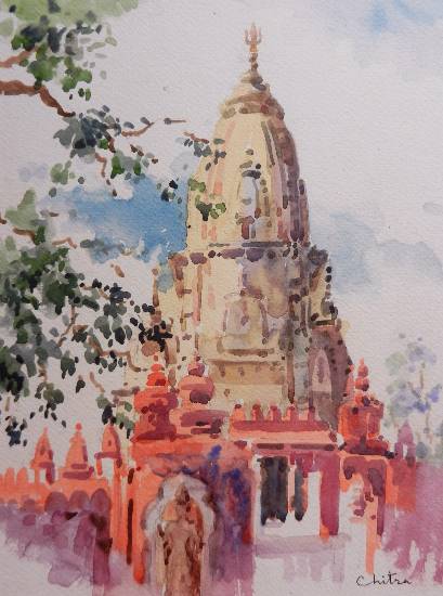 409x550 Temple In Banaras, Painting By Professional Artist Chitra Vaidya - Temple Painting
