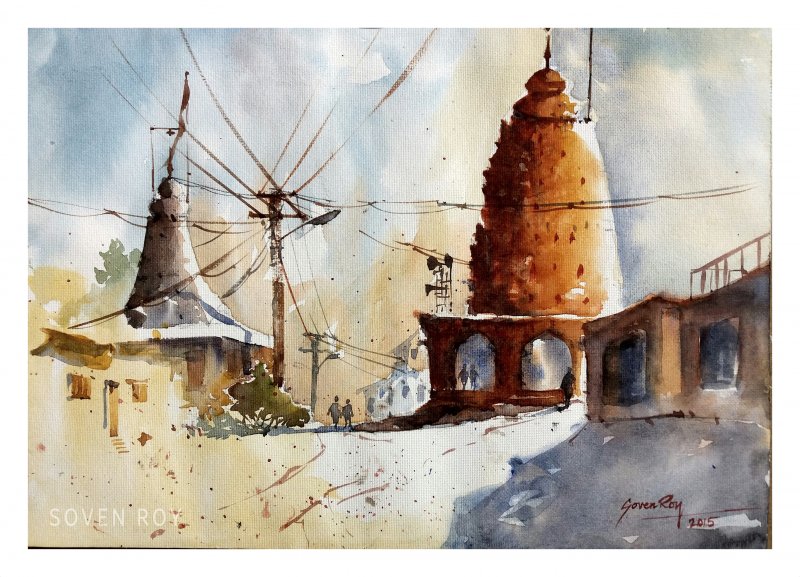 800x577 Village Temple By Artist Soven Roy Landscape Art Watercolor - Temple Painting
