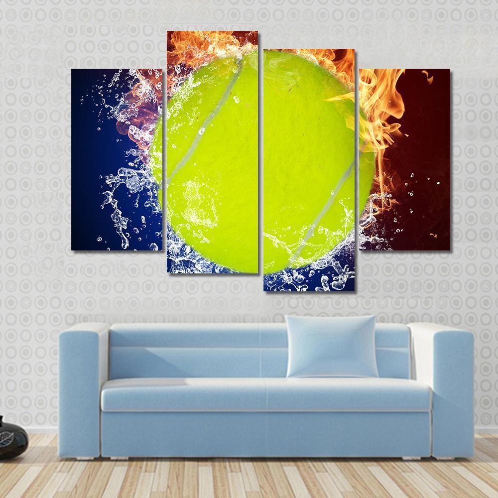 1000x1000 Tennis Ball In Fire Flames And Splashing Water Multi Panel Canvas - Tennis Ball Painting