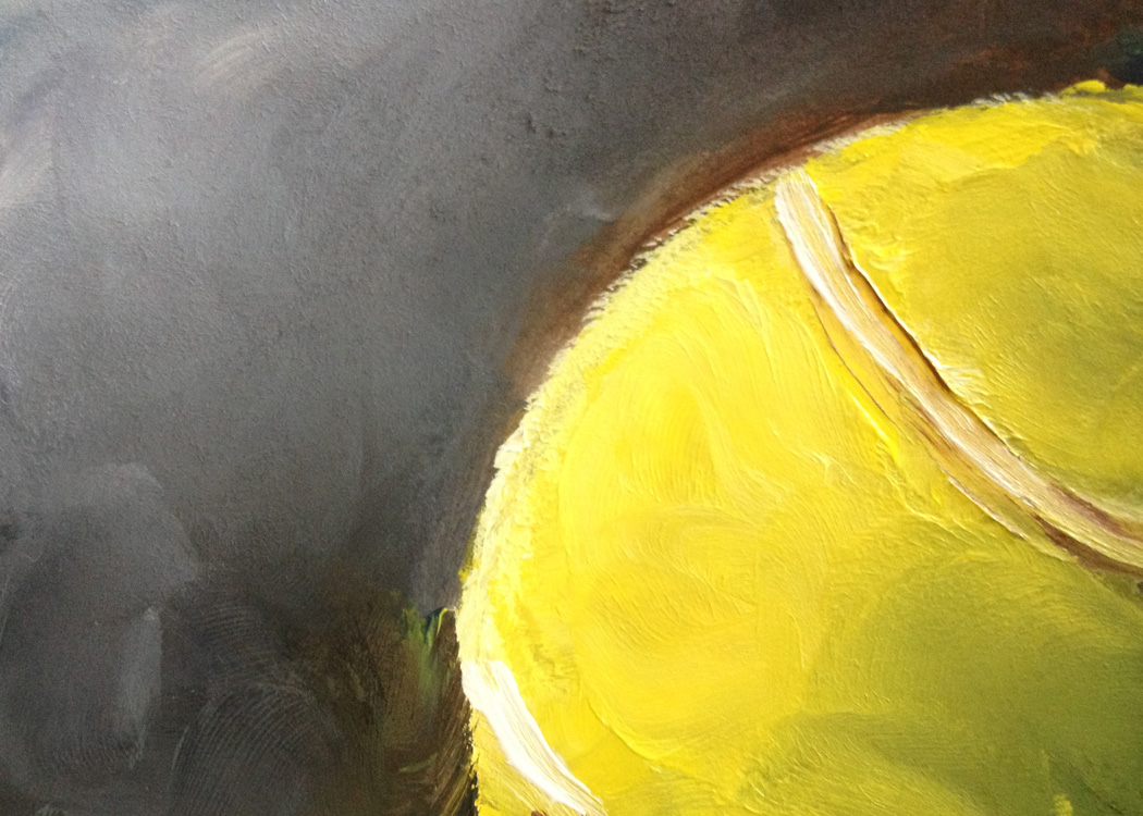 1050x750 Texas Contemporary Fine Artist Kristine Kainer Miniature Painting - Tennis Ball Painting