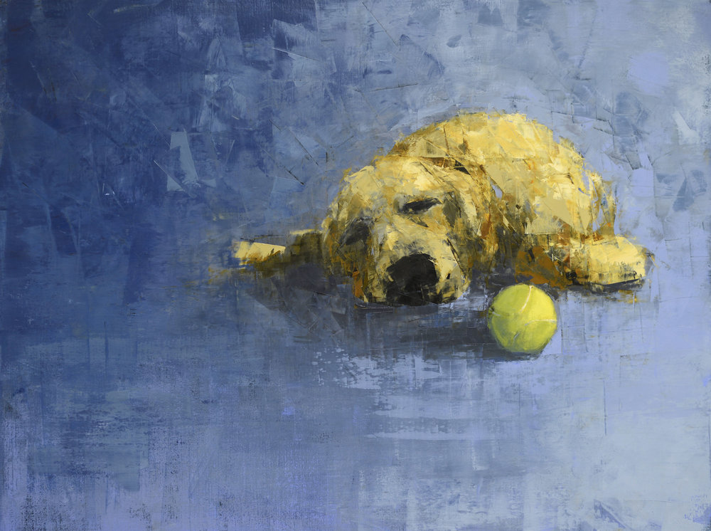 1000x746 Golden Dog Dreaming (Tennis Ball) Rebecca Kinkead - Tennis Ball Painting