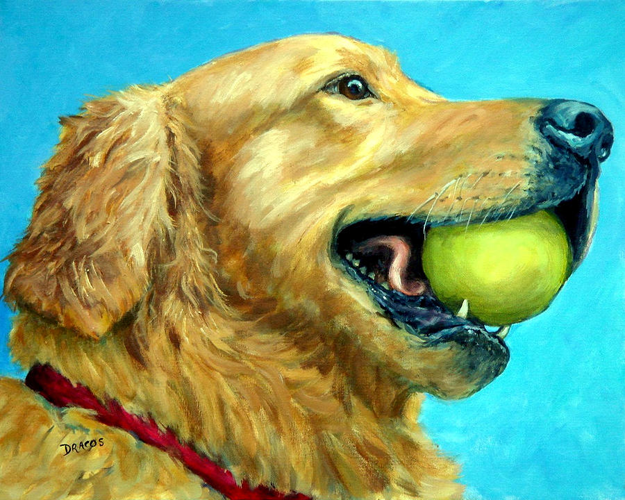 900x720 Golden Retriever Profile With Tennis Ball Painting By Dottie Dracos - Tennis Ball Painting