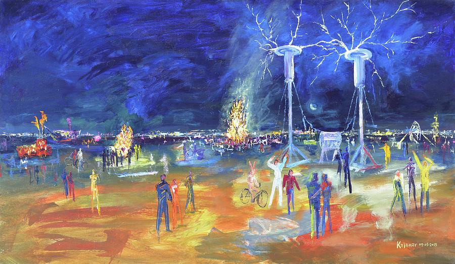900x524 Sextant Tesla Coil And Burning Man 09052015 Painting By Greg Kalamar - Tesla Coil Painting