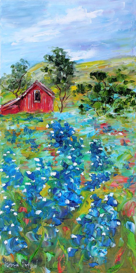570x1144 Original Oil Painting Texas Bluebonnet Landscape By Karensfineart - Texas Bluebonnet Painting
