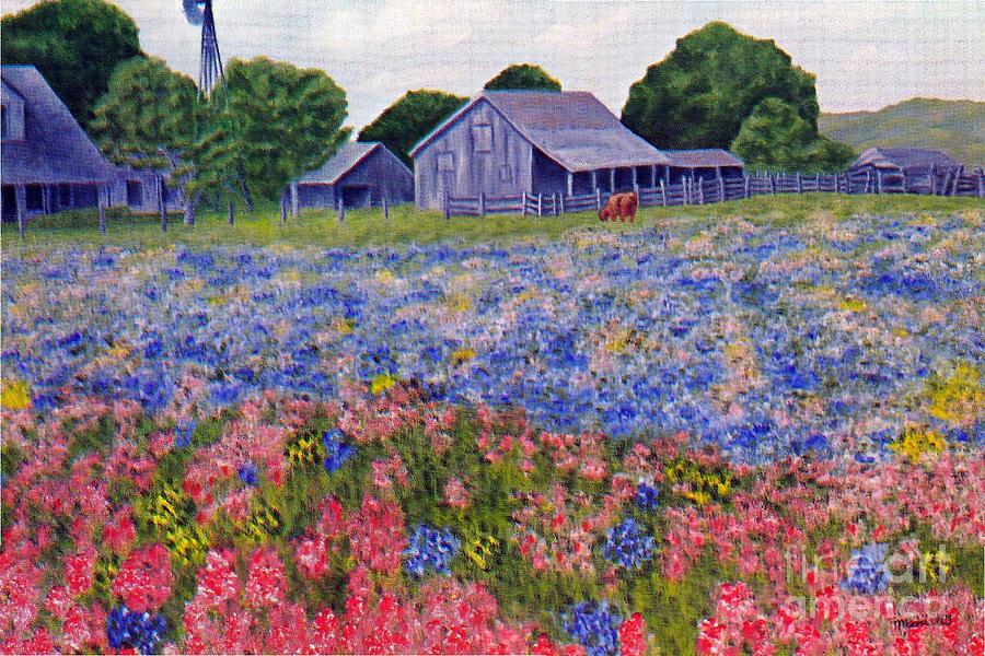 900x600 Texas Bluebonnet Farm Painting By Merri Aka Cathy Friesenhahn - Texas Bluebonnet Painting