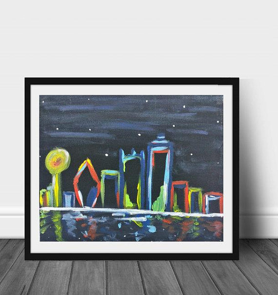 570x604 Dallas Skyline Acrylic Painting Texas Canvas Art Ready - Texas Canvas Painting