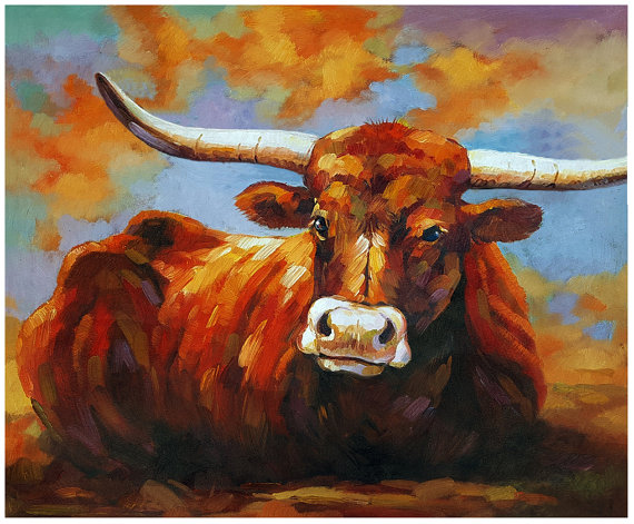 570x471 Hand Painted Impressinist Texas Longhorn Painting On Canvas - Texas Longhorn Painting