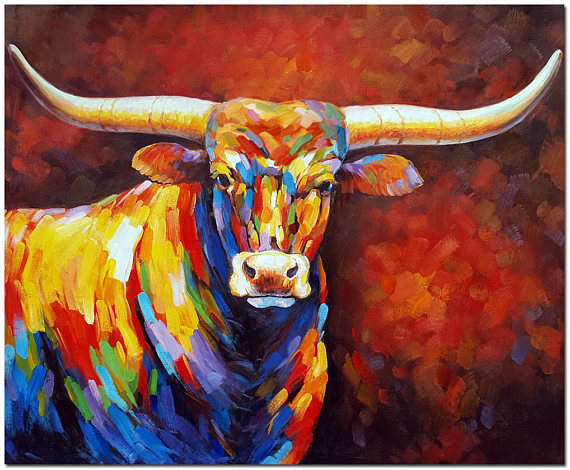 570x470 Hand Painted Impressionist Texas Longhorn Painting On Canvas - Texas Longhorn Painting