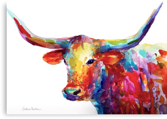 550x393 Colorful Texas Longhorn Watercolor Painting Svetlana Novikova - Texas Longhorn Painting