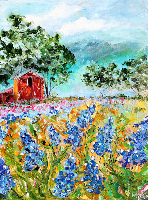 570x766 Texas Bluebonnet Flower Oil Painting By Karen Tarlton Cotton - Texas Oil Painting