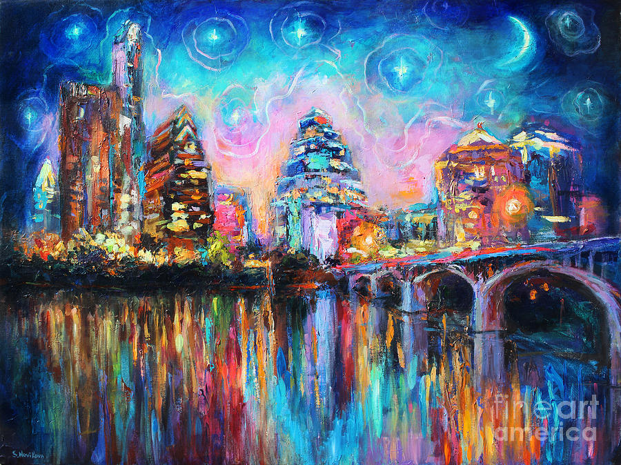900x674 Contemporary Downtown Austin Art Painting Night Skyline Cityscape - Texas Painting