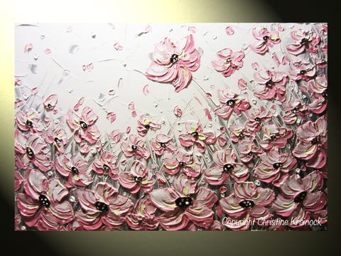 480x360 Custom Art Abstract Painting Pink Poppies White Flowers Grey - Textured Acrylic Painting
