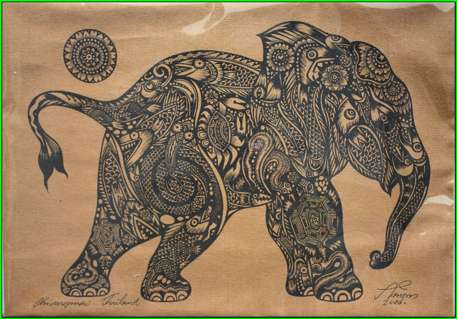 1500x1049 Thai Traditional Art Of Little Elephant Calf By Silkscreen - Thai Elephant Painting