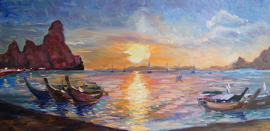 900x439 Sunset On Railay Beach Thailand Painting By Efim Melnik - Thailand Painting