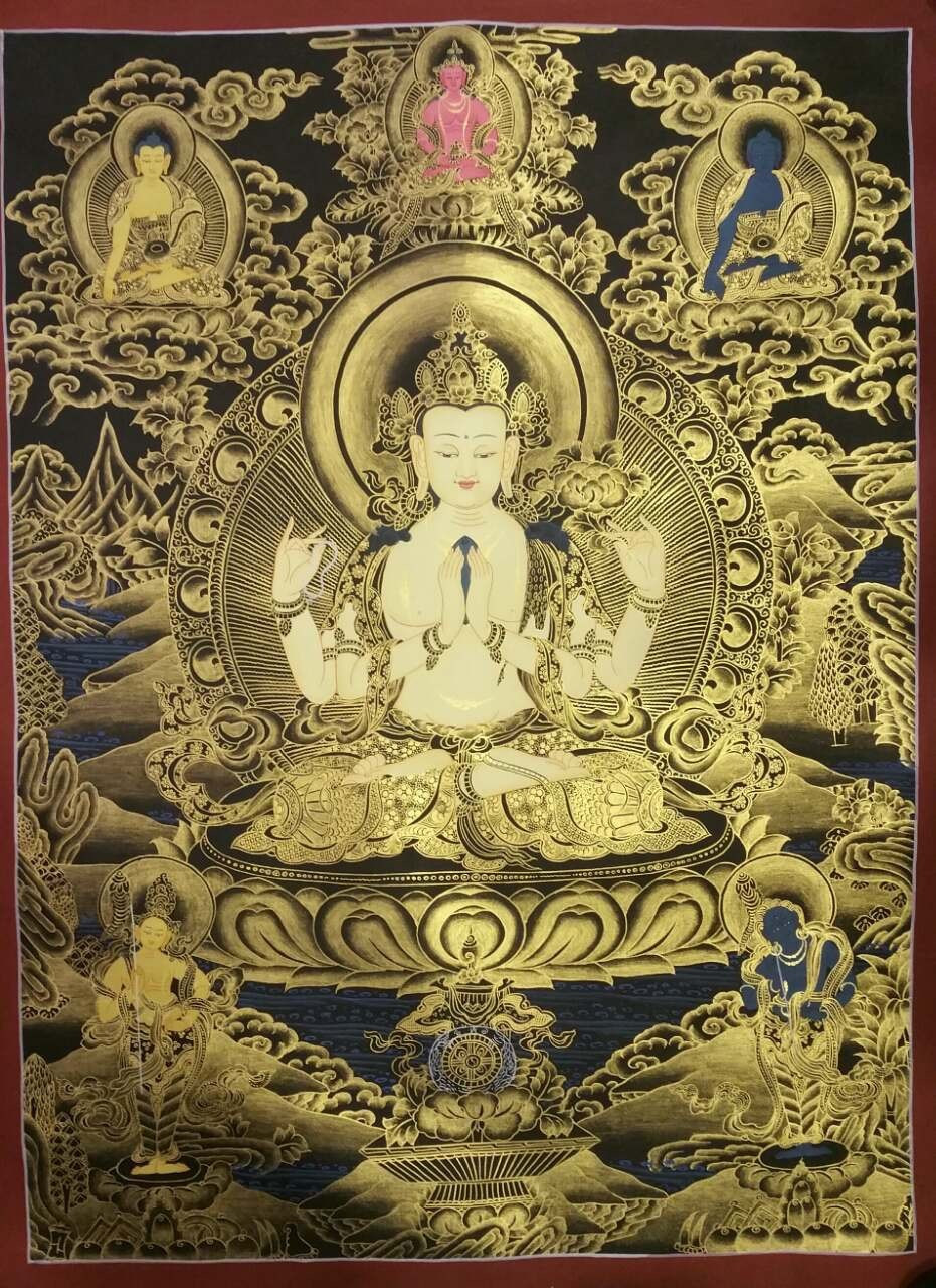 931x1280 Chenrezig Premium Thangka Painting - Thangka Painting