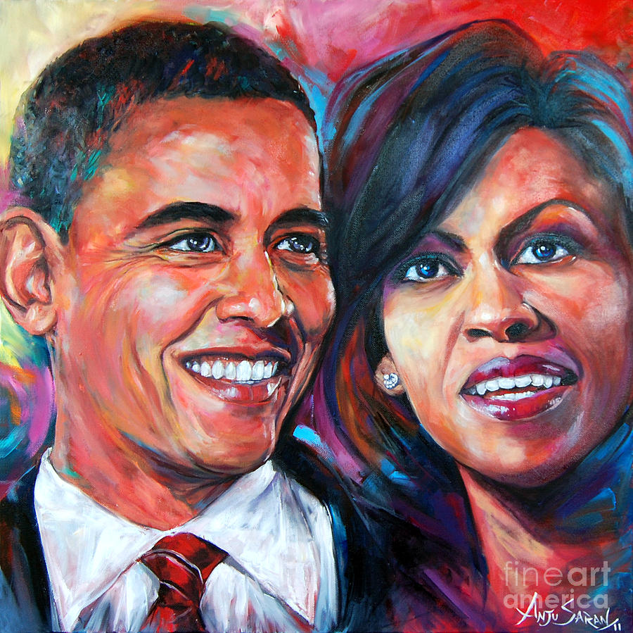 900x899 Barack And Michelle Obama Painting By Anju Saran - Thanks Obama Painting