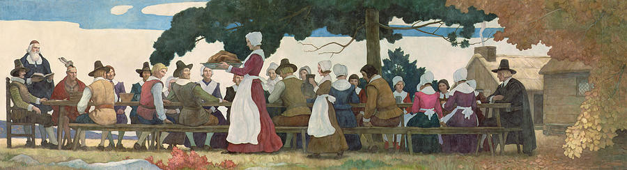 900x244 Thanksgiving Banquet Painting By Newell Convers Wyeth - Thanksgiving Painting