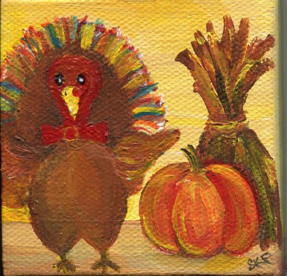 570x548 Turkey Mini Canvas Painting, Pumpkin, Hay, Easel, Thanksgiving - Thanksgiving Turkey Painting