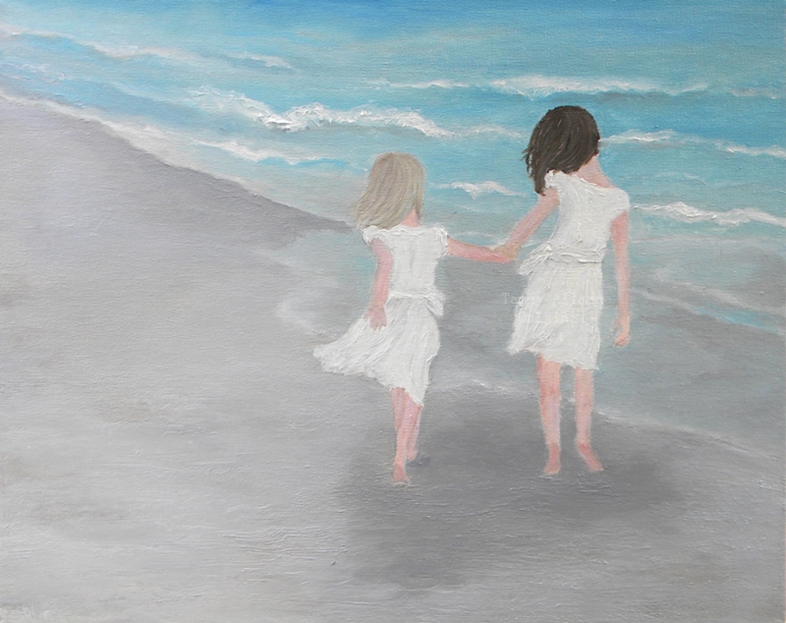 1600x1268 Girls On The Beach Oil Painting, Childrens Oil Painting - The Beach Painting