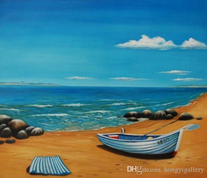 700x601 2018 Handpainted Modern Abstract Seascape Boat Oil Painting Still - The Beach Painting