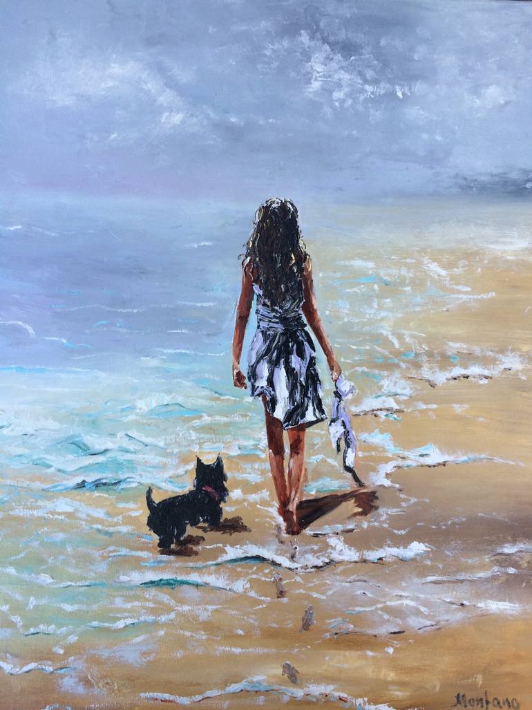 770x1027 Saatchi Art Girl Walking On The Beach With The Dog Painting By - The Beach Painting