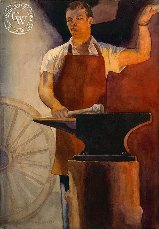 555x800 The Blacksmith, Art By John B. Munroe California Watercolor - The Blacksmith Painting