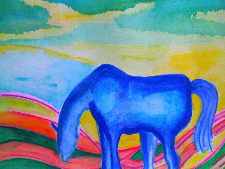 720x540 Lonesome Blue Horse Painting By Bisai Ya - The Blue Horse Painting
