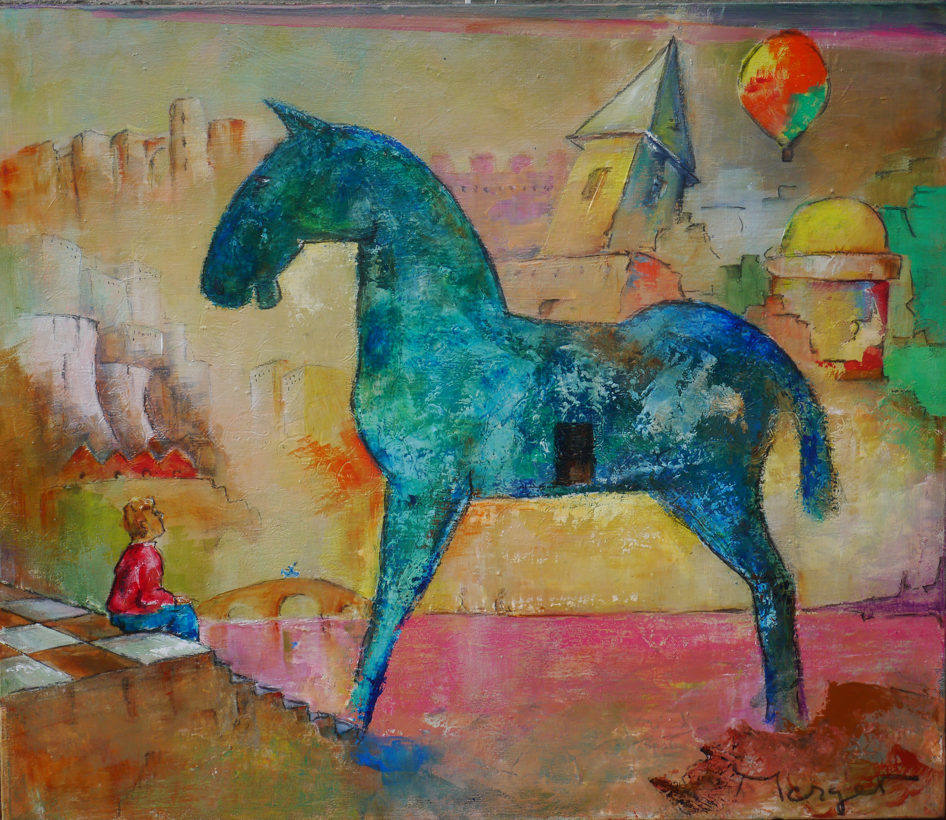 3304x2864 Thierry Merget Artwork The Blue Horse Original Painting Acrylic - The Blue Horse Painting