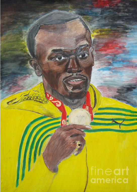 544x764 Usain Bolt Olympics 2008 Painting By Rajwayne Neufville - The Bolt Painting