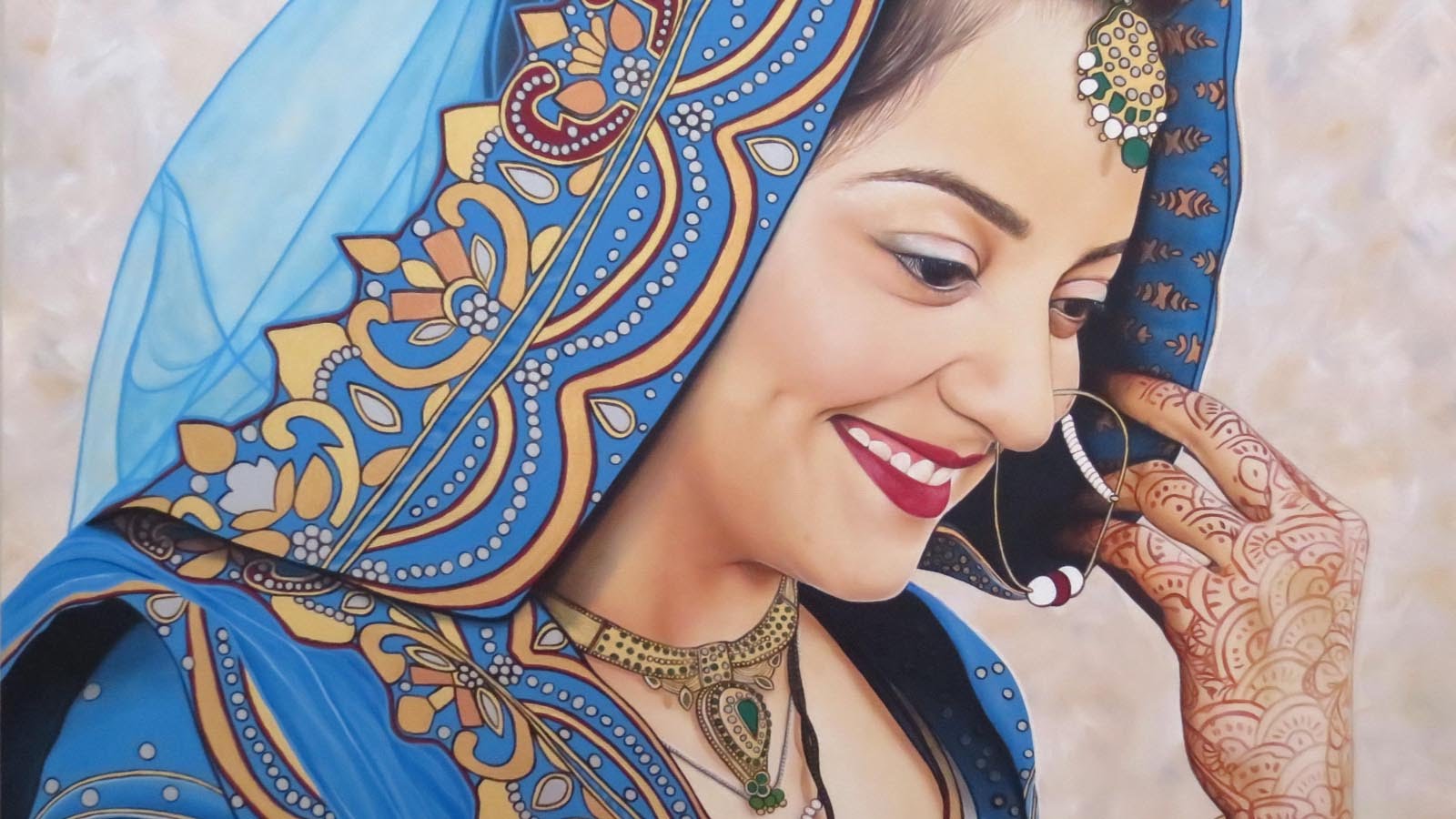 1600x900 Indian Bride Portrait Painting - The Bride Painting