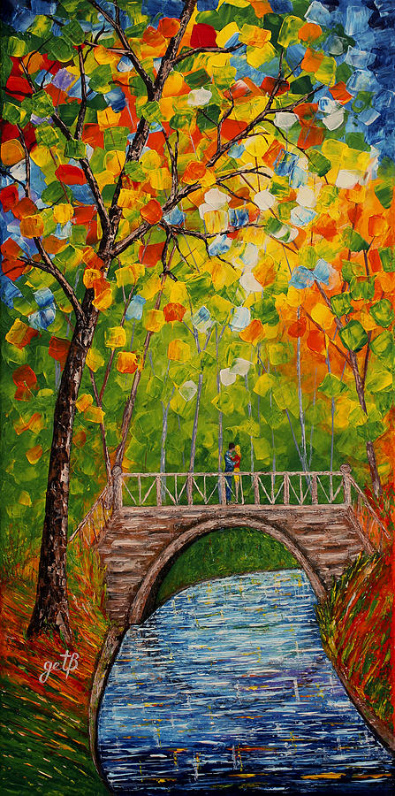 447x900 First Kiss On The Bridge Original Acrylic Palette Knife Painting - The Bridge Painting