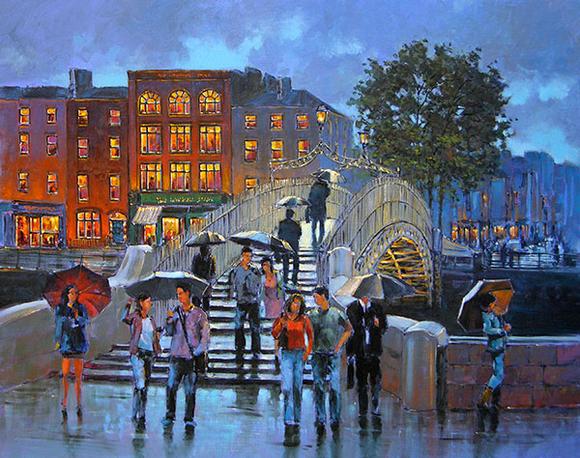 580x458 Painting Print Of People Crossing Over The Halfpenny Bridge, Dublin - The Bridge Painting