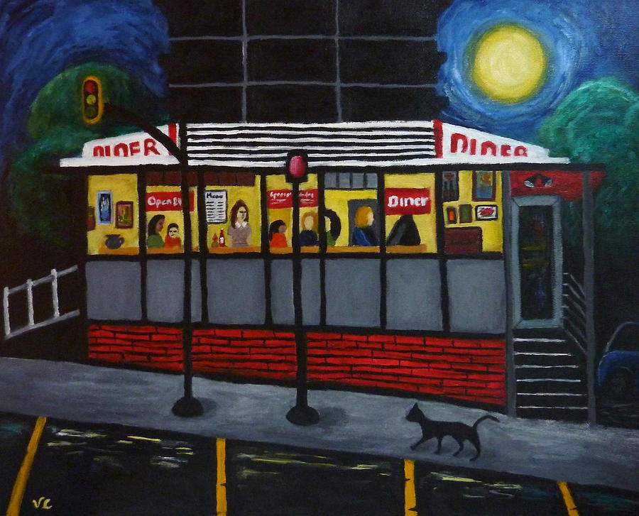 900x727 Night At An Arlington Diner Painting By Victoria Lakes - The Diner Painting Original