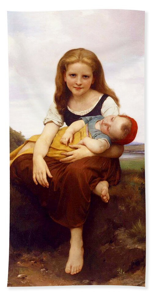 500x967 The Elder Sister Beach Towel For Sale By William Adolphe Bouguereau - The Elder Sister Painting