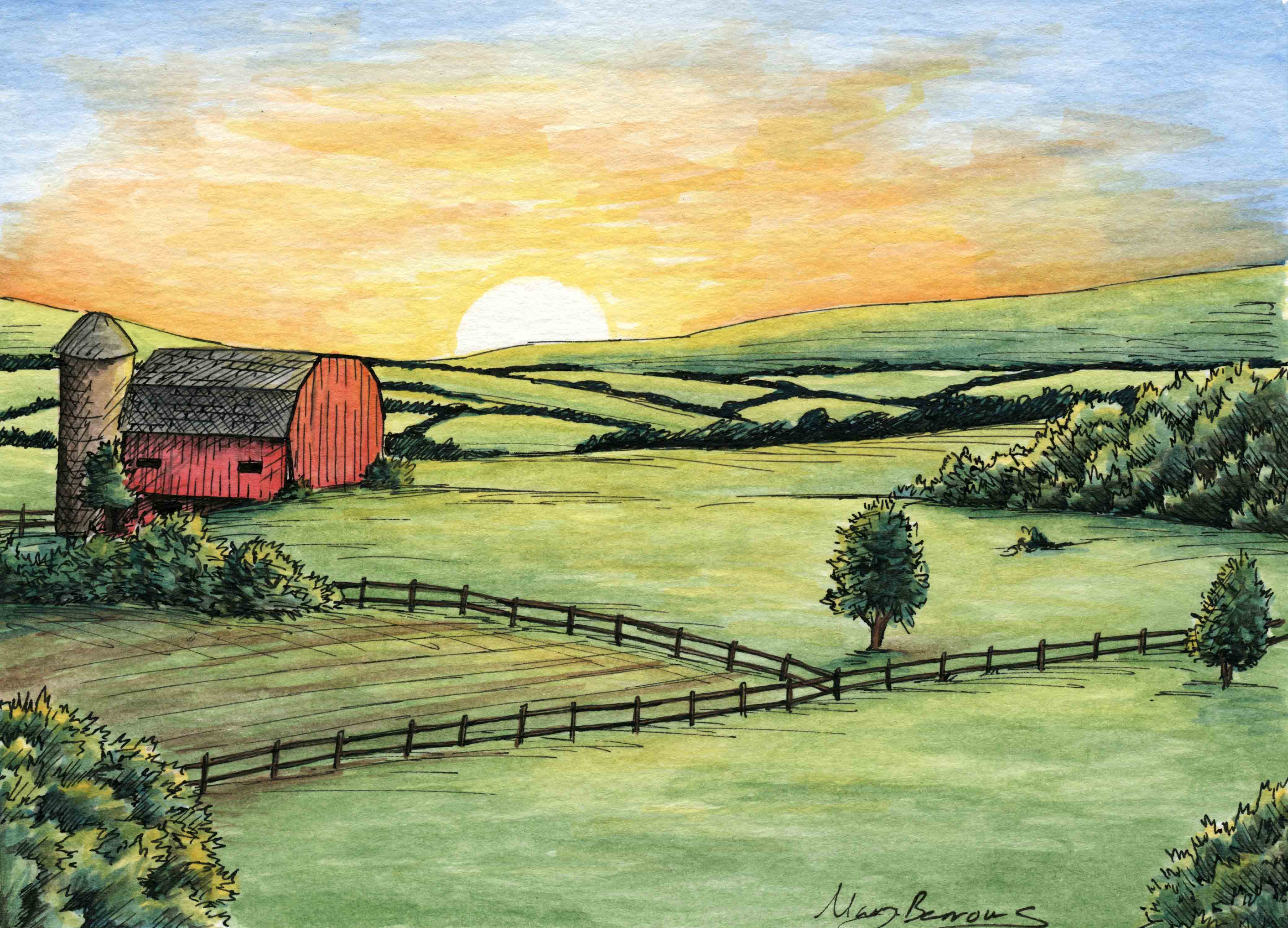 4159x2999 Sunset On The The Aspiring Illustrator - The Farm Painting