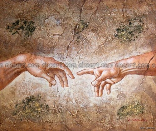 500x420 Hand Painted Hands Of God Adam Touching Sistine Chapel - The Finger Of God Painting