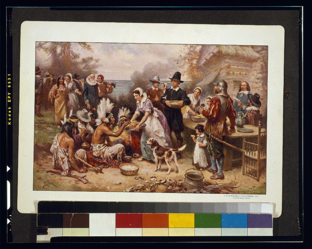 1024x817 A Print Depicting The First Thanksgiving In 1621 From The Library - The First Thanksgiving Painting