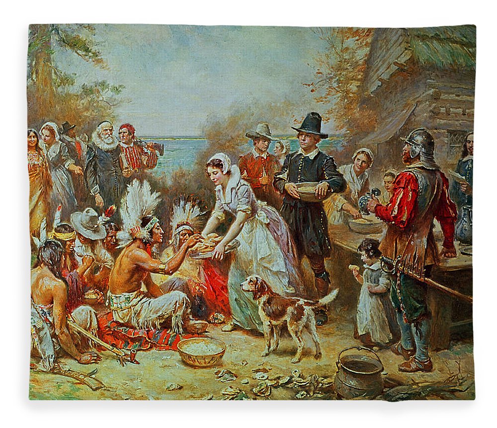 1000x860 The First Thanksgiving Fleece Blanket For Sale By Jean Leon Gerome - The First Thanksgiving Painting